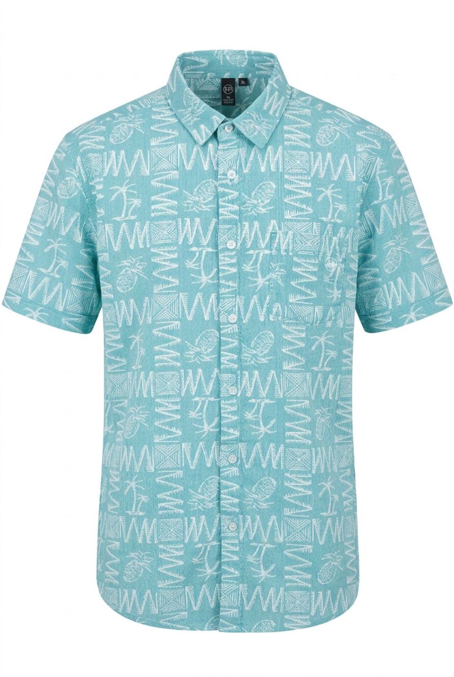 SPDR Surf Co Men XL Shirt Teal Geometric Tribal Hawaiian Aloha Button Up Cotton